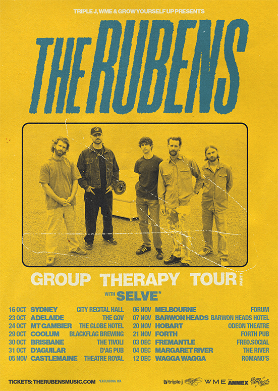 Yellow tour poster for The Rubens' Group Therapy Tour, featuring a photo of the band above Australian concert dates for October to December.